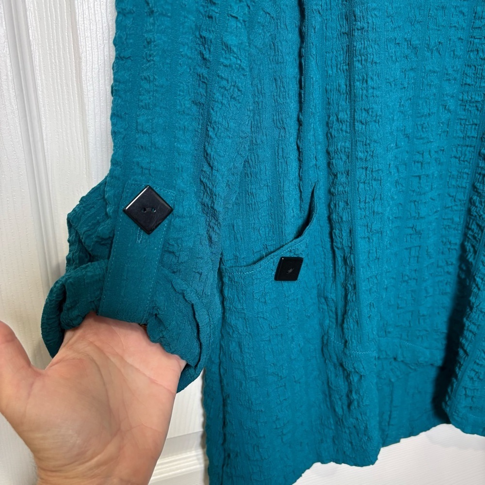 Ali Miles Top Tunic Women Medium Textured Woven Turquoise Lagom Lagenlook Pocket - Picture 6 of 9